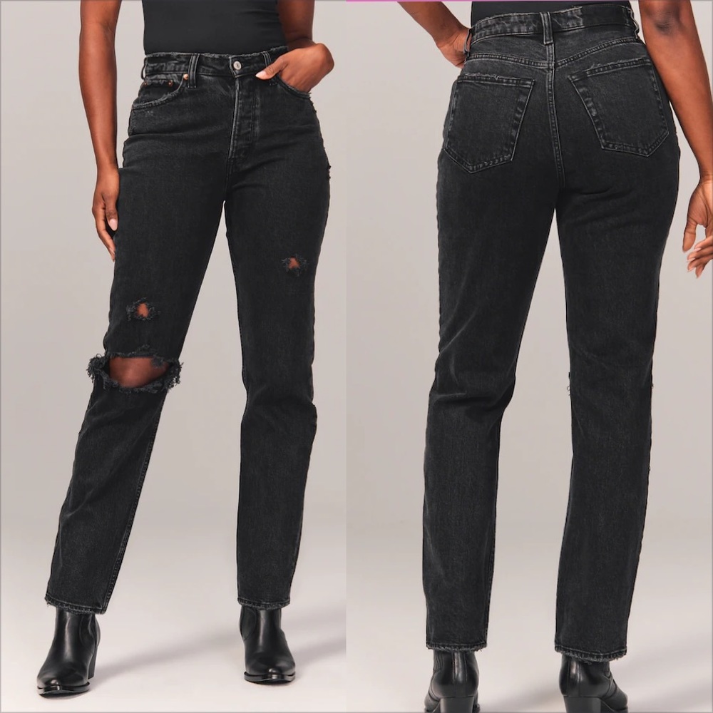Abercrombie Curve Love The Dad High Rise Black Distressed Jeans with Button Fly
